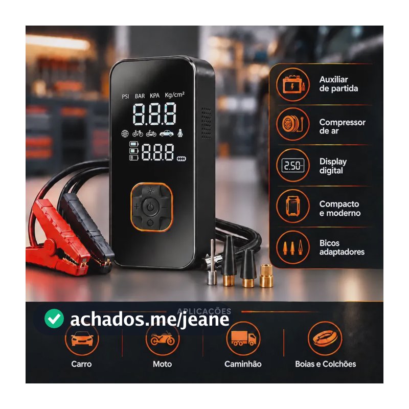 Auxiliar de Partida Bateria Carro com Compressor de Ar Portátil 12V Calibrador Digital Pneu Inflador Veicular Emergência Automotivo para Moto SUV Caminhonete Pickup Hardline
