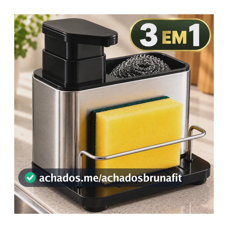Dispenser Detergente 3 em 1 com Porta Esponja Organizador de Pia em Aço Inox para Cozinha Sabão Líquido e Utensílios