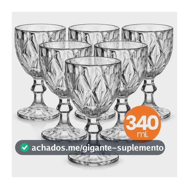 Jogo 6 Taças Vidro Diamond 340ml Conjunto Mesa Posta Água Suco Cozinha Decoração Presente