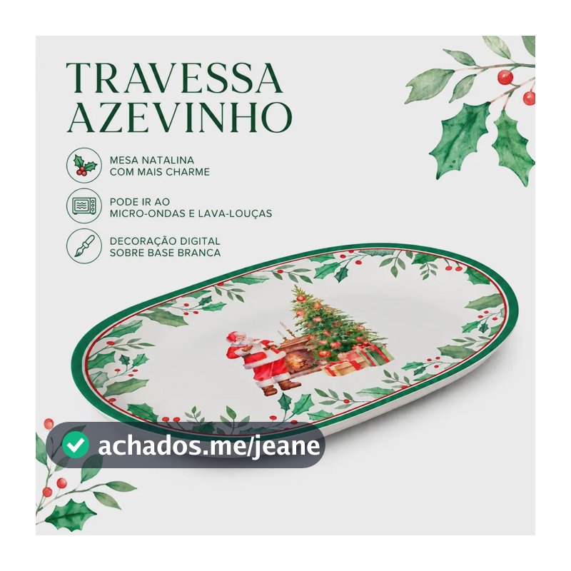 Travessa de Cerâmica Azevinho 33cm Natalina Para Carnes Saladas E Sobremesas - Alleanza