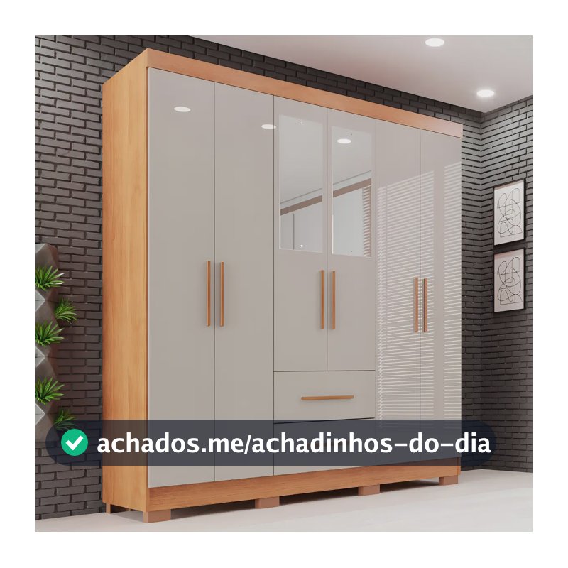Guarda-roupa Casal com Espelho 6 Portas 2 Gavetas Sallêto Cinamomo/Off White