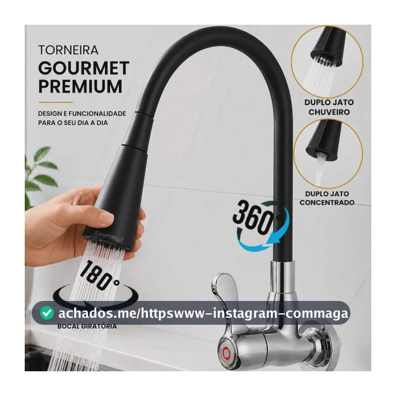 Torneira Gourmet Luxo Flexível Cozinha Parede 2 Jatos Pia Metal Cor Aço Inox e Preto- Marca Camperluz