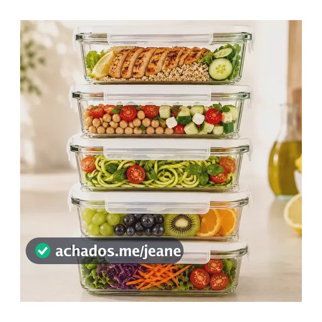 Yab - Kit 5 Potes De Vidro Marmita C/ Tampa Hermético 640ml Retangular 4 Travas Borossilicato Alimentos Micro-ondas Freezer Geladeira