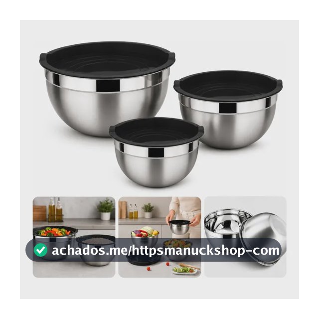 Kit 3 Bowls Inox Com Tampa Hermética Conjunto Tigela Comida Inox