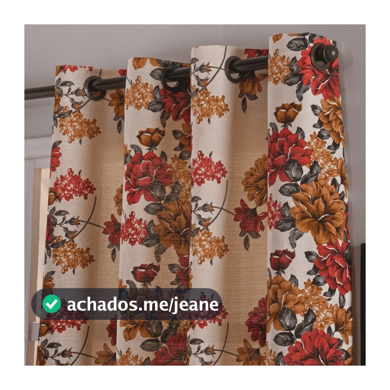 Cortina Rústica Estampada 2,8 X 2,3 Ilhós Tabaco Vibrante 2d Floral Vermelho Classico