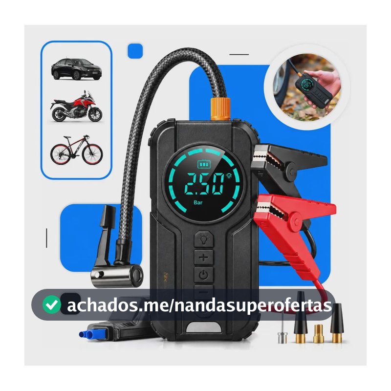 Auxiliar de Partida Carregador Bateria Com Compressor De Ar Portátil Veicular Emergência 6 em 1 Inteligente Digital 12V Calibrador Pneu Automotivo Lanterna LED Moto SUV Bike Caminhonete Marca Nixzen