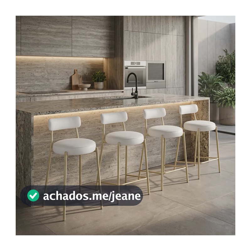 Banqueta Alta Encosto Industrial Champanhe Kit 4 Londres Pu Branco