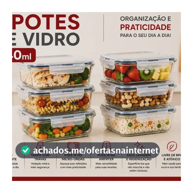 Kit 6 Potes 640ml Vidro Hermético 4 Travas Marmita Refratario Star House com 4 travas de super vedação