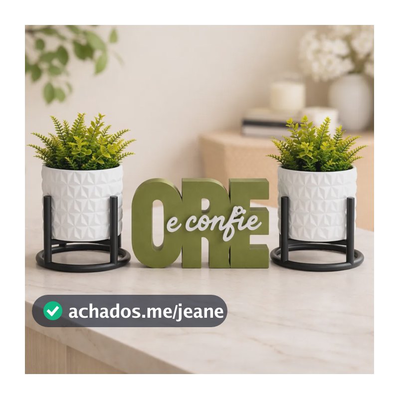 Vaso Epcot Com Pézinho Para Sala Quarto Decoração Premium Branco 2 Vasos Com Planta Letreiro Verde