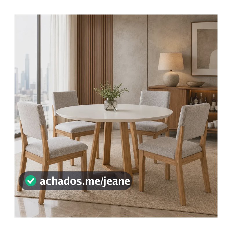 Conjunto de Jantar Redondo com Mesa Valentina e 4 Cadeiras Bell Estofadas em Linho