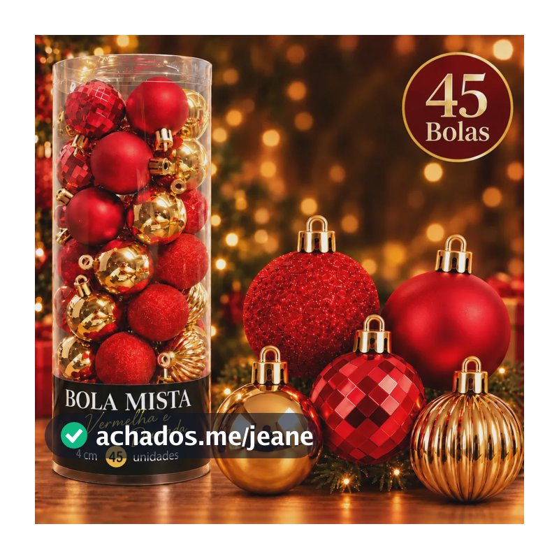 Kit 45 Bolinhas Natalinas 4cm Tubo Misto Decoração Árvore De Natal - Vermelho c/ Dourado