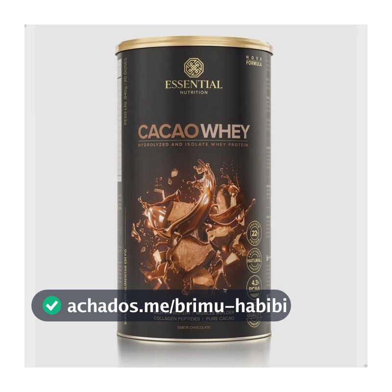 Cacao Whey Hidrolisado e Isolado Sabor Chocolate da Essential Nutrition 840g Com 30 Doses