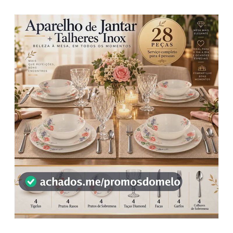 Jogo de Jantar Nhame 28 Peças Floral para 4 Pessoas com Pratos e Bowls em Vidro Opalino