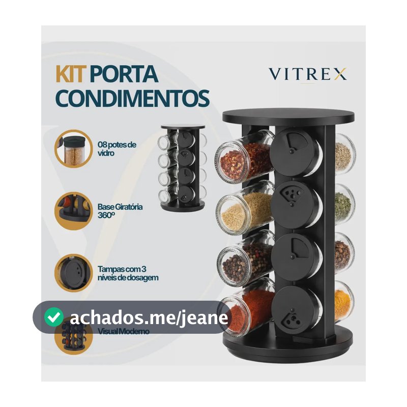 Kit Porta Condimentos Vitrex 8 Potes Em Vidro Preto Com Base Giratória