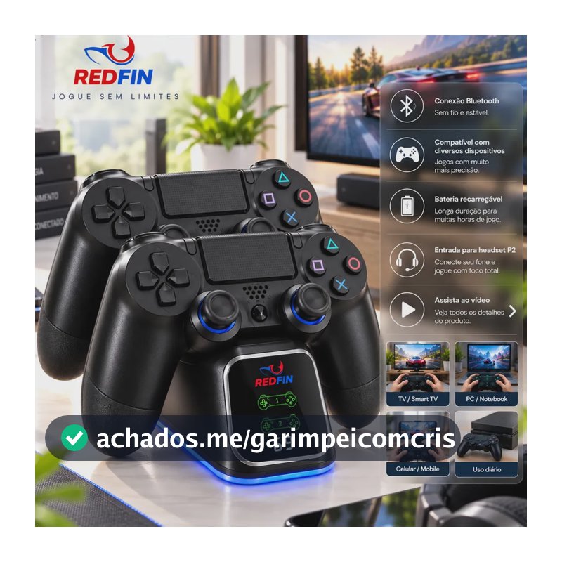 Kit 2 Controles Para Ps4 + Base Carregador Para 2 Controles Compatível Sem Fio - Tv Samsung Pc P4 Ps 4 Bluetooth Manete Gamer Tv Smart Celular Headset P2 Cor Preto Marca Redfin