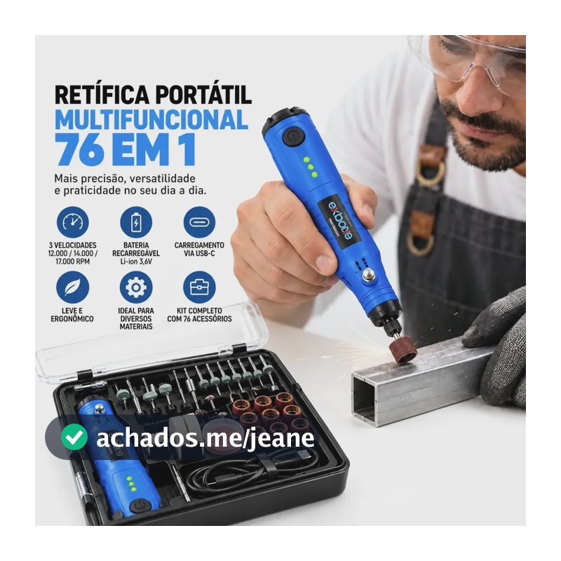 Micro Retífica Portátil Sem Fio 76 Em 1 Usb-c Bivolt 127/220v
