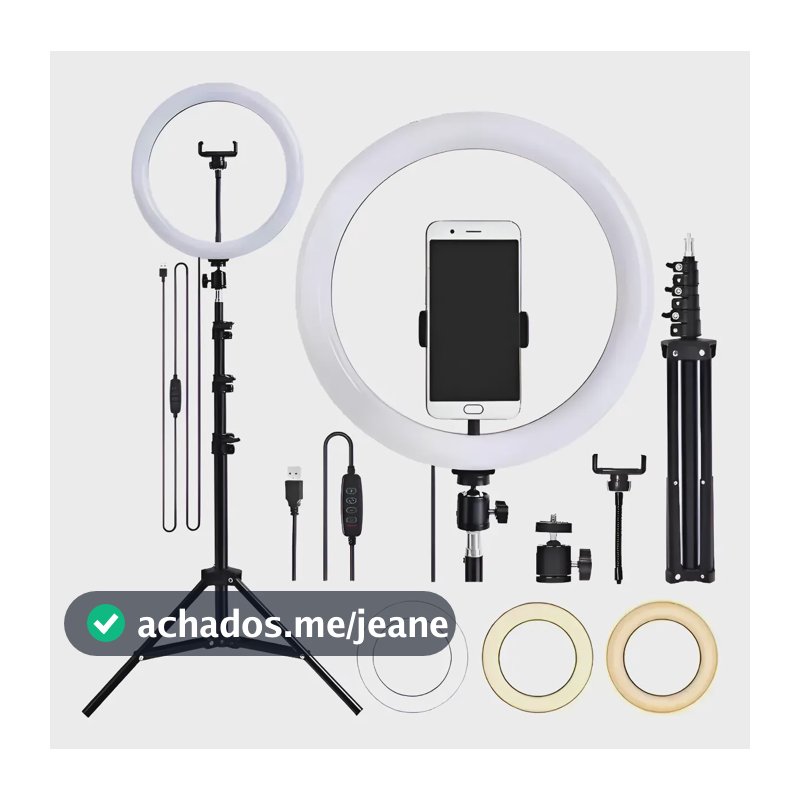 Ring Light Led Iluminador 26cm 10 Polegadas 2,1m Tripé 210cm 127/220v Preto Branco-frio