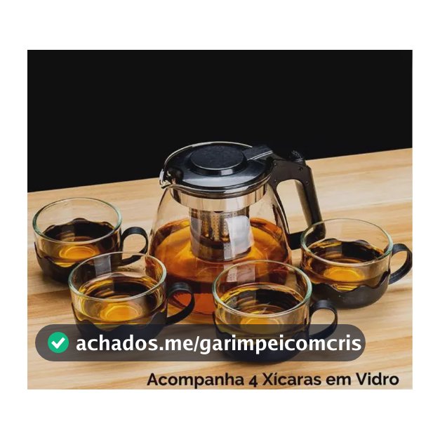 Kit Jogo Conjunto Chaleira Bule Infusor Chá 1l E 4 Xícaras Vidro Com Preto