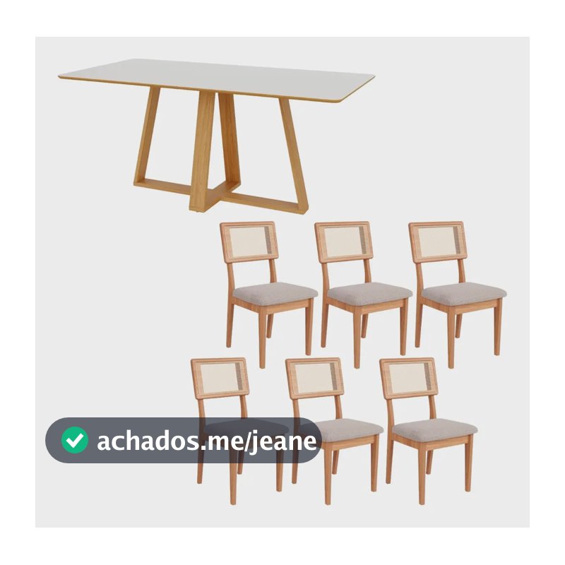 Conjunto Jantar Mesa 180cm E 6 Cadeiras Com Tela Ca35 Bege Rústico
