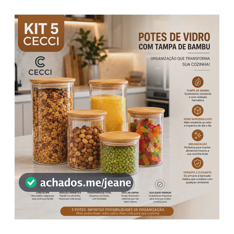 Potes Herméticos de Vidro Com Tampa de Bambu Para Alimentos - Kit 5 SHOKKI