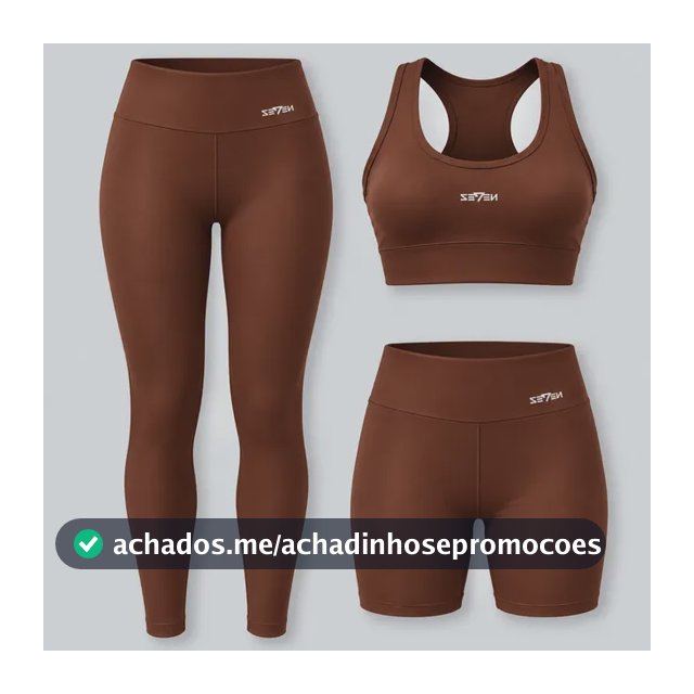 Kit Conjunto Feminino Fitness Top Nadador + Legging + Short Marrom Gg