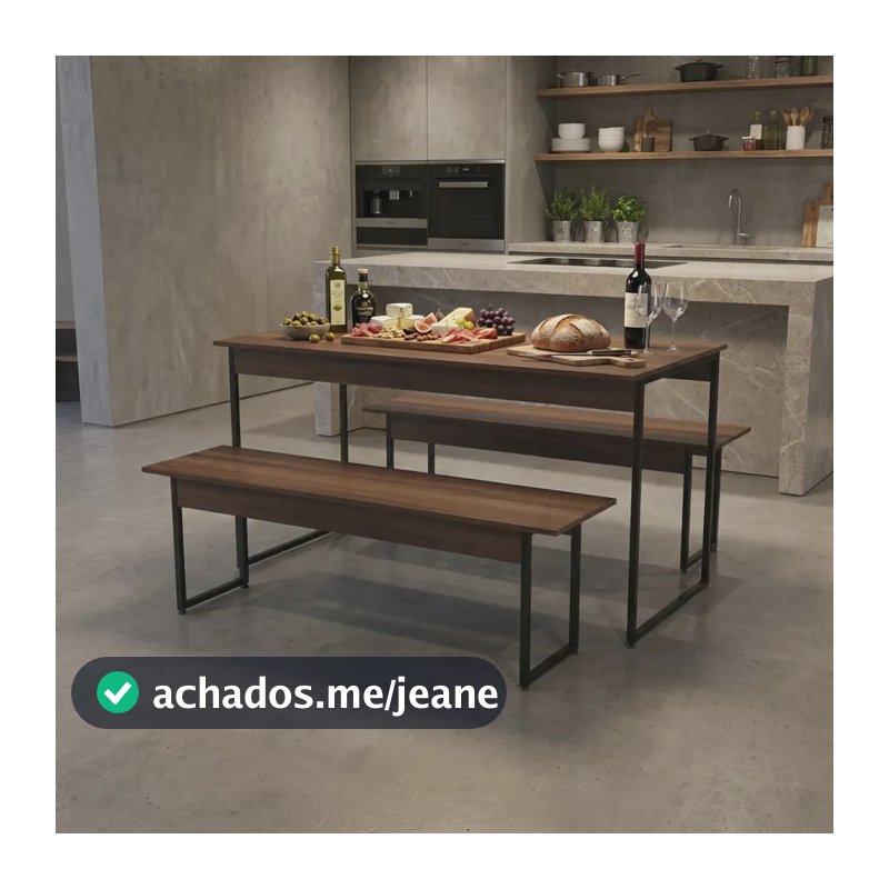 Kit Mesa Metalon Bancada Sala Jantar Refeitório + 2 Bancos Marrom-escuro Liso