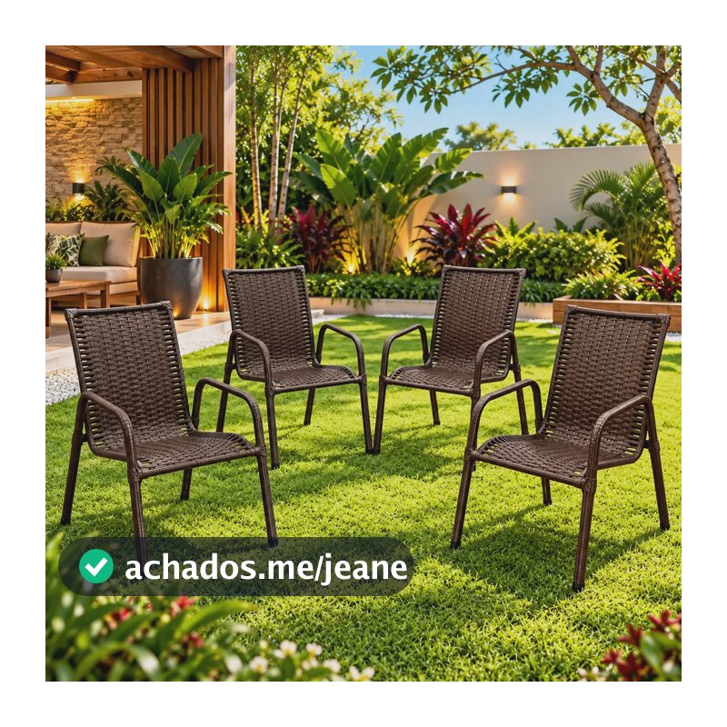 Kit 4 Cadeiras Jardim Empilháveis Fibra Sintética Amêndoa Mesa Aço