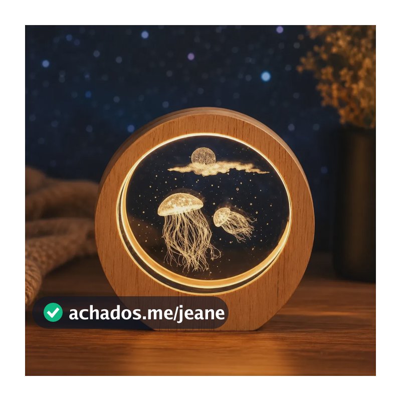 Luminária Água-viva 3d Led Usb Base Madeira Decorativ