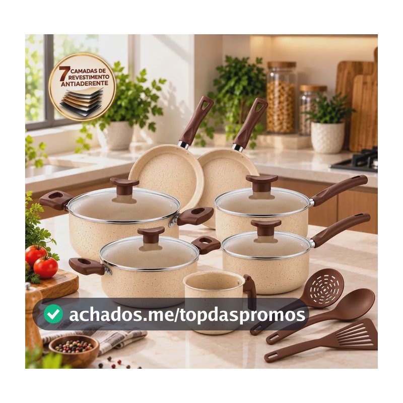 Jogo de Panelas Antiaderente 7 Camadas 10 Peças Kit Cozinha Casa Nova com Tampas de Vidro Caçarolas Frigideiras Retas Fundas Fervedor Leiteira e Utensílios Conjunto Compacto Dia a Dia Baunilha