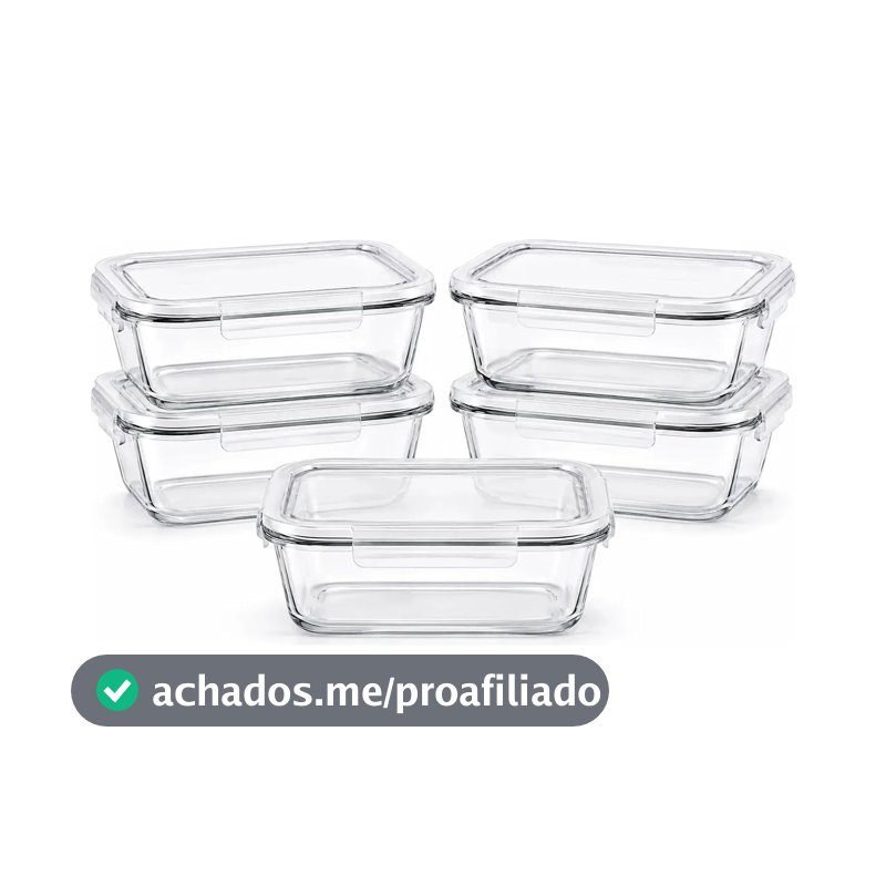 Kit 5 Potes Herméticos Vidro Transparente Retangular 1040ml Marmita Micro-ondas Cozinha