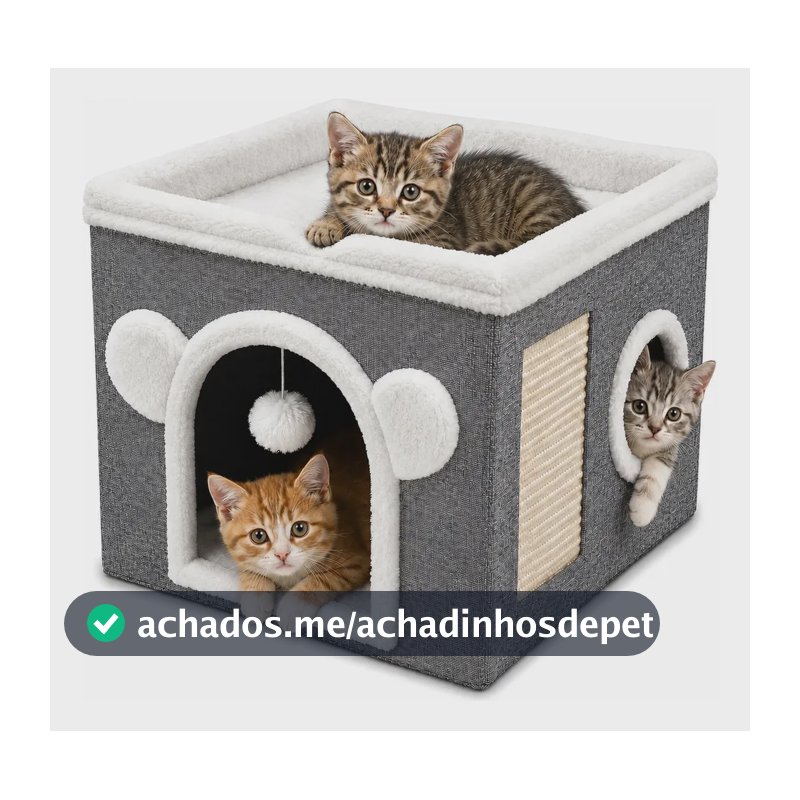 Casinha Dobrável Para Gatos 2 Andares Com Arranhador Sisal Cinza
