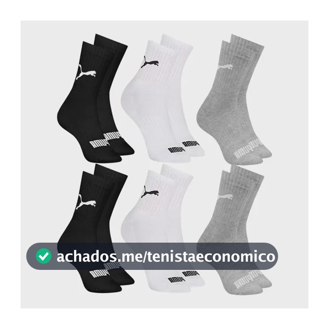 6 Pares Meias Puma Cano Médio Alto Atoalhada Academia Sport