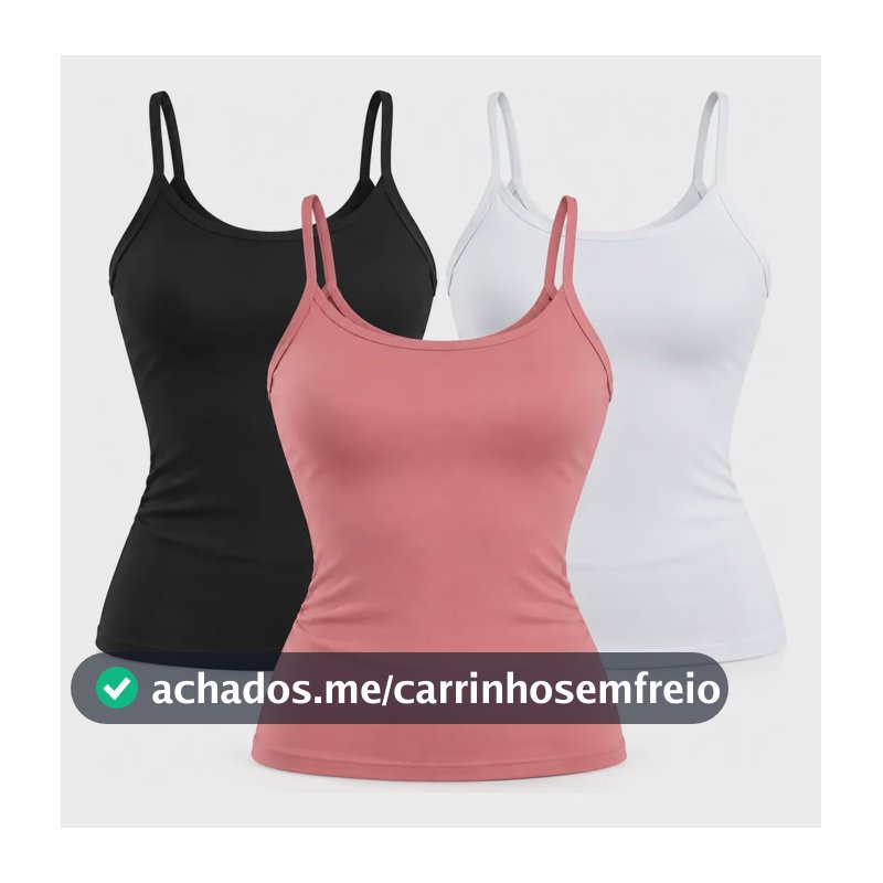 Kit 3 Regata Feminina Básica Poliamida Elastano Premium Preto, Rosa E Branco Lisa M