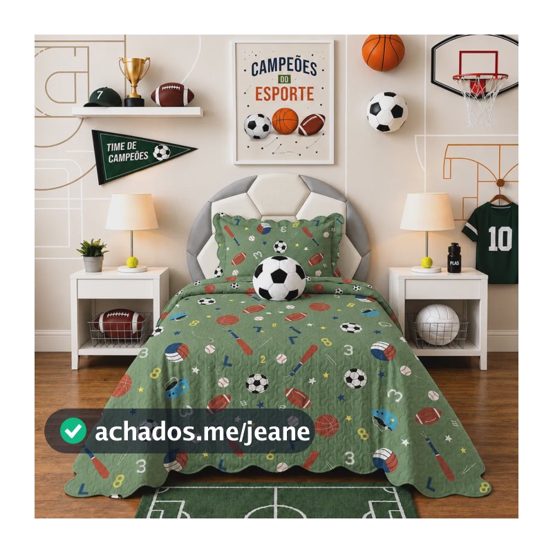 Colcha Cobre Leito Infantil Kit 2 Peças Dupla Face Estampada Verde Campeão