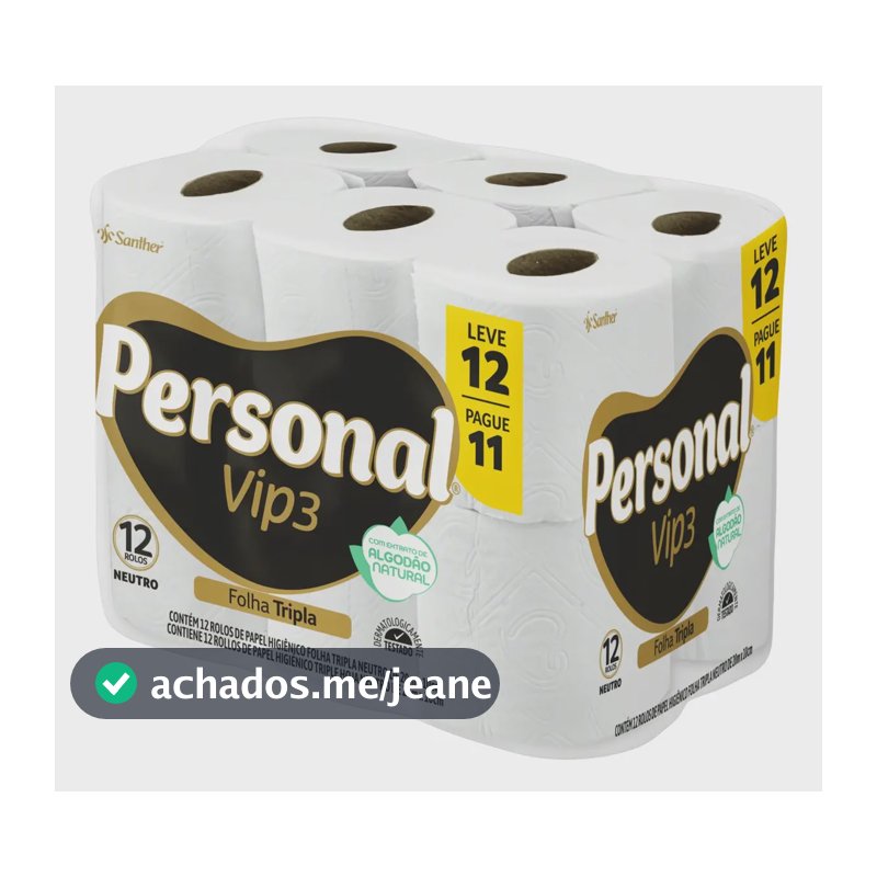 Pacote Papel Higiênico Vip3 Folha Tripla 12 Rolos Personal
