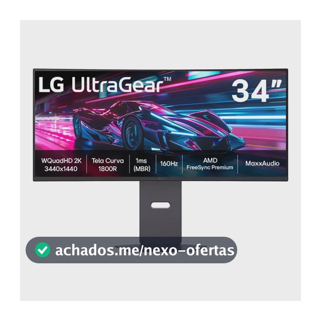 Monitor Gamer LG UltraGear Curvo 34"- QuadHD 2K, UltraWide 1800R, 160Hz, 1ms (MBR), AMD FreeSync Premium, HDR10, MaxxAudio, Preto -34G600A