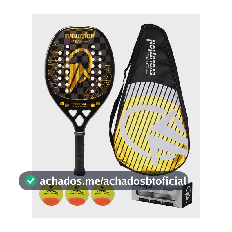 Kit Raquete Beach Tennis Material Carbono 18k Total Evolution Cor Dourado + Capa + 3 Bolas + 3 Grips + Fita Protetora | Leve e Equilibrada