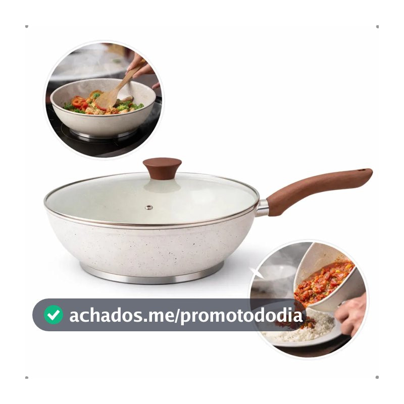 Frigideira Antiaderente Wok Em Cerâmica Grande Com Tampa Em Vidro Para Fogão De Indução E Gás 28cm 4,3 Litros Granito Bege