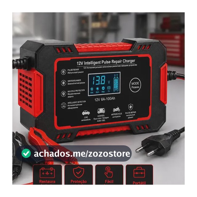 Carregador Inteligente de Bateria Automotiva 12V 6A Bivolt com Display Digital para Baterias 4Ah a 100Ah Carro Moto Utilitário Barco Caminhão Recupera Bateria