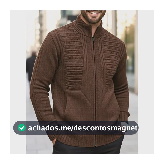Jaqueta Masculina Preta Lã Tricot Inverno Com Bolso E Zíper
