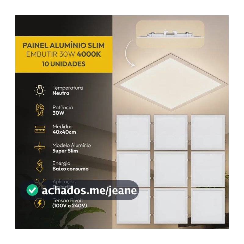 Kit 10 Painel Led Plafon Aluminio Embutir 30w 4000k Branco Neutro 40x40Cm Quadrado Cod: ALUT190077-10 Alut By Avant