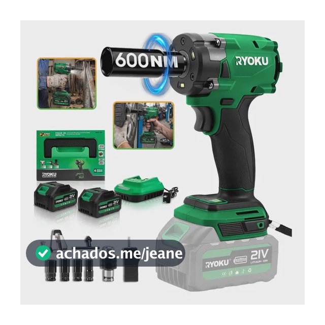 Chave De Impacto Brushless 21v 2 Baterias 600nm 1/2  Ryoku Verde 127/220v 50 Hz/60 Hz