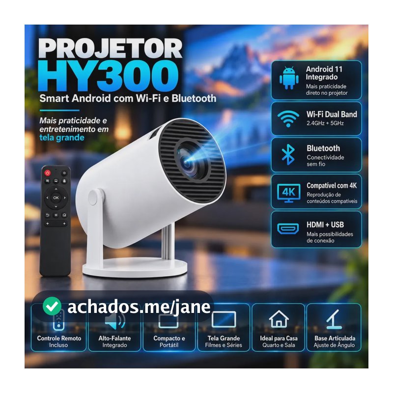 Projetor Portátil HY300 Mini 4K Compatível Android 11 Wi-Fi 5G Bluetooth Smart Portátil Rotação 180° Tela Grande para Filmes Séries Jogos Aulas e Apresentações Home Theater Cinema