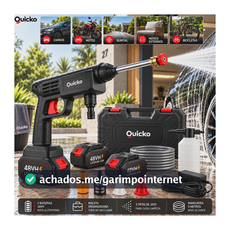 Lavadora De Alta Pressão Vap Portátil Sem Fio Bateria Lava Jato Elétrica Recarregável P/ Lavar Carro Moto Quintal C/ 2 Baterias Quicko Bico Mangueira Dispenser De Sabão Lavadora Alta Pressao Portátil