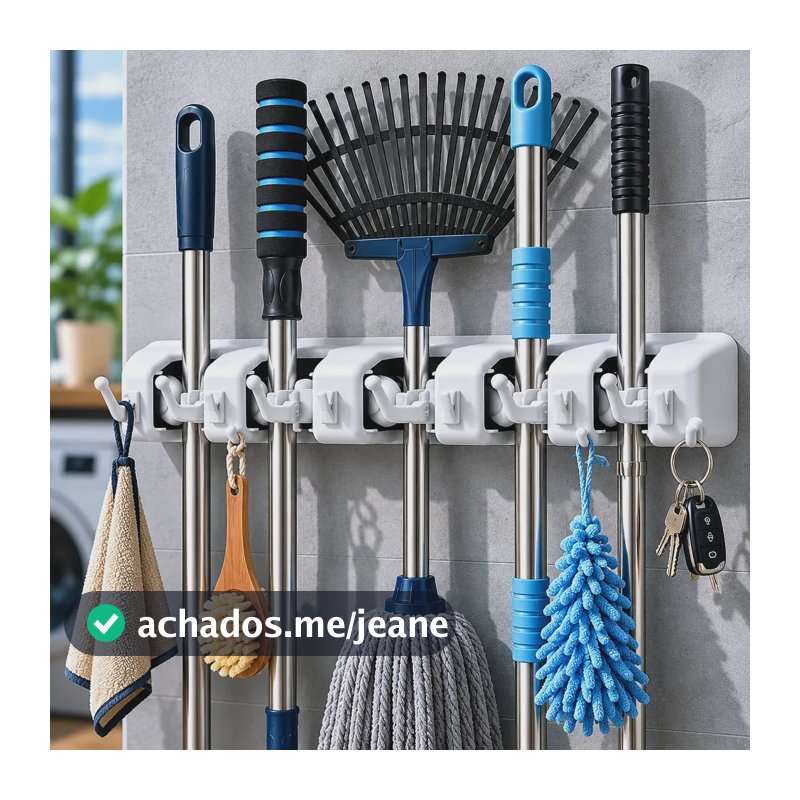 Suporte Vassoura Parede Multiuso 6 Posições 6 Ganchos Organizador Rodo Pá Ferramentas Fixação Parafuso Alta Resistência Abs Ponte Lar Utilidades