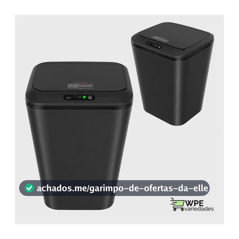 Lixeira Quadrada Preta 16L Inteligente Automática com Sensor para Banheiro e Cozinha