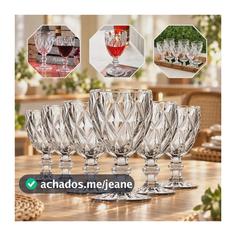 Jogo de 6 Taças Diamond Luxo em Vidro 330 mL para Vinho e Água Gostei!