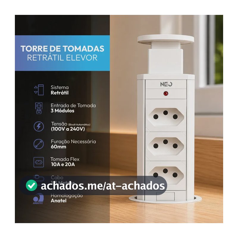 Torre 3 Tomadas Embutir Retrátil Elevor Para Bancada Branco Cod: 370025676 Neo Avant