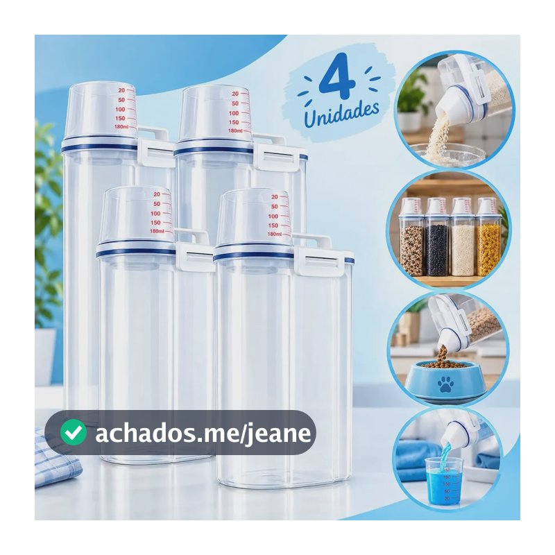 Kit 4 Potes Herméticos 2,5 Litros Conjunto Pote Multiuso Dispenser De Armazenamento De Alimentos Arroz Feijão Ração Sabão Copo Medidor E Bico Dosador Tampa Com Trava Transparente Laleli