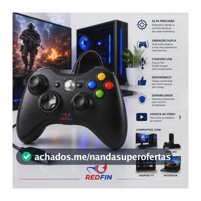 Controle Para Xbox 360 Com Fio USB Joystick Manete Gamepad Controle PC Gamer Para Computador Windows Steam Game Pass Android Gamepass TV Vibração Analógico Ergonômico Plug And Play Redfin